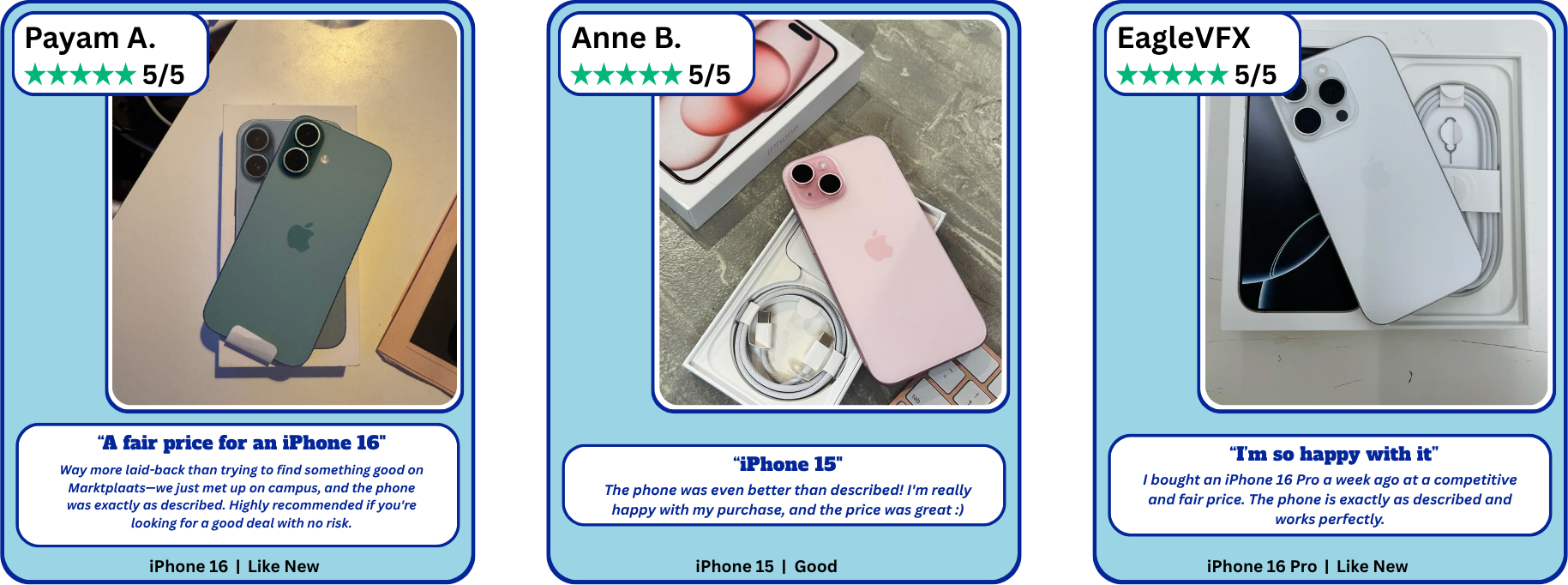 Three five-star reviews from Payam A., Anne B. and EagleVFX